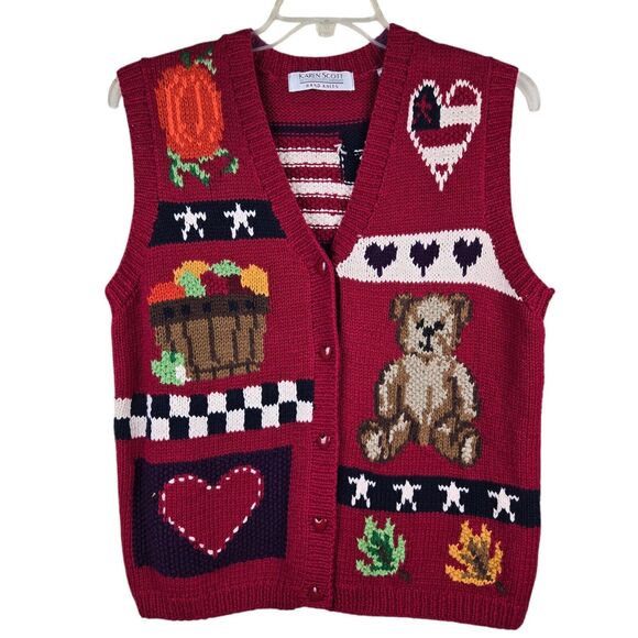 Karen Scott Hand Knits Sweater Vest Sz M Red Teddy Bear USA Flag Hearts Fall - Picture 1 of 6